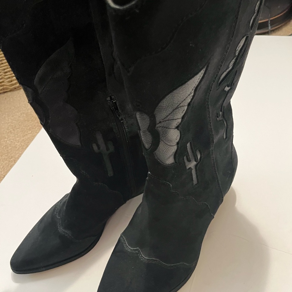 Zodiac Black Heeled Boots with Butterfly and Cactus Design